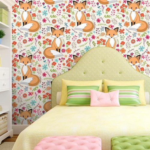Adesivo de parede Papel de Parede Raposas Flores